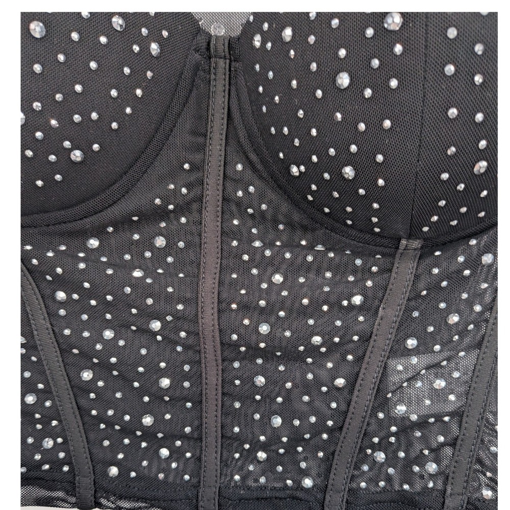 Whimsigoth Fairygrunge Punk Rock Black Mesh Rhinestones Soft Corset Crop S Top - Picture 7 of 8